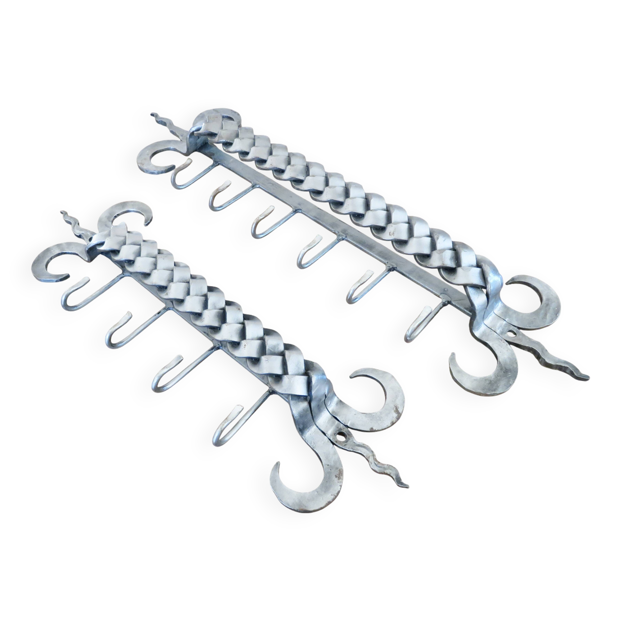 2 Tea towel holders, ironwork in braided raw steel, 1970