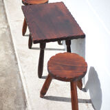 Set of coffee table and 2 carved wooden stools, brutalist