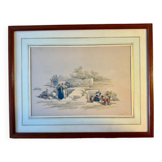 Orientalist lithograph, Fountain at Cana after David Roberts 20th century