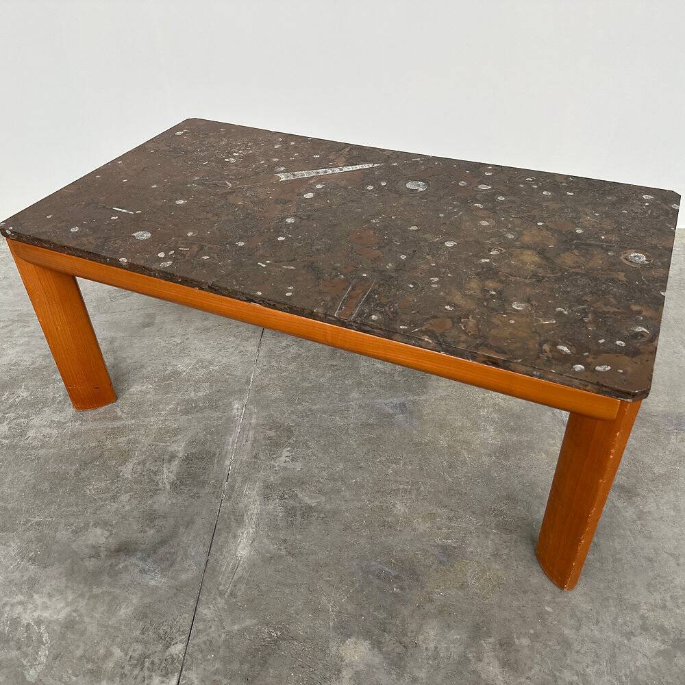 1970s modernist fossil marble coffee table with wooden base