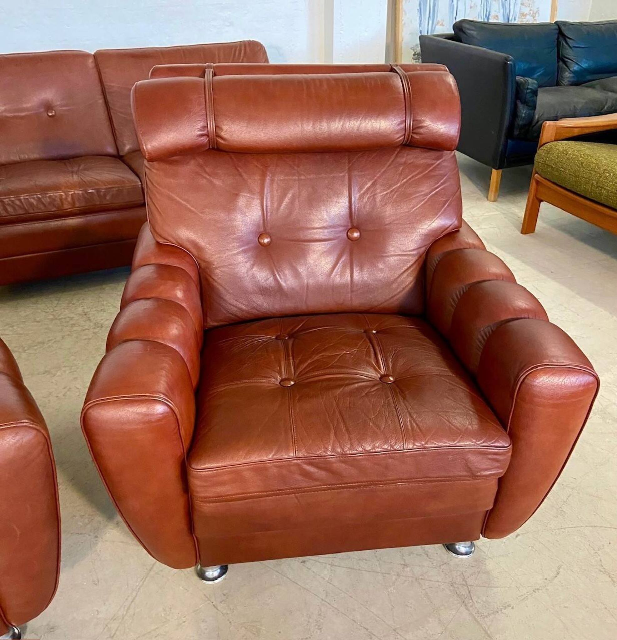 Vintage Danish mid-century Svend Skipper leather club chairs 1970s