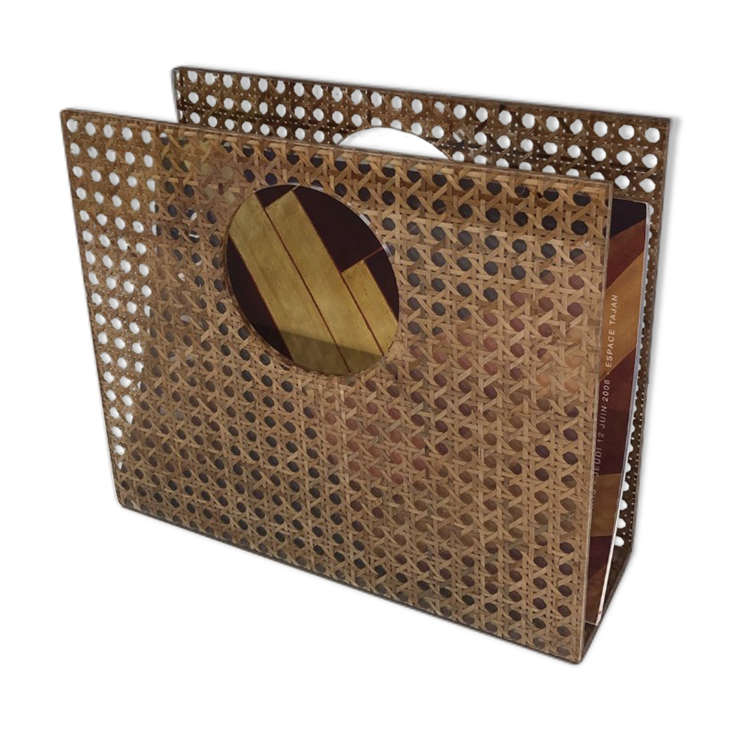 Acrylic magazine rack with inlaid cane.