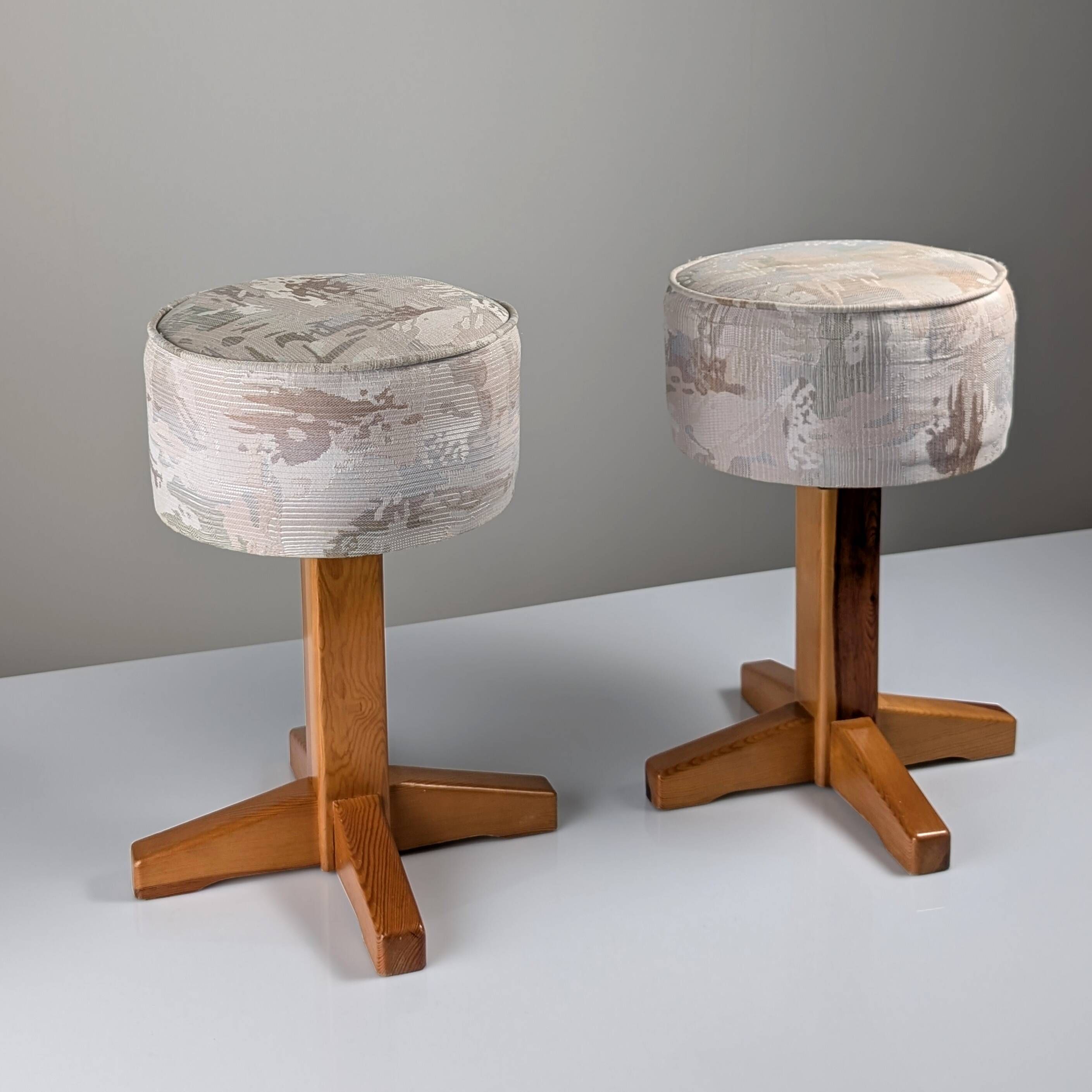 Pair of Scandinavian pine and fabric stools, 1980s