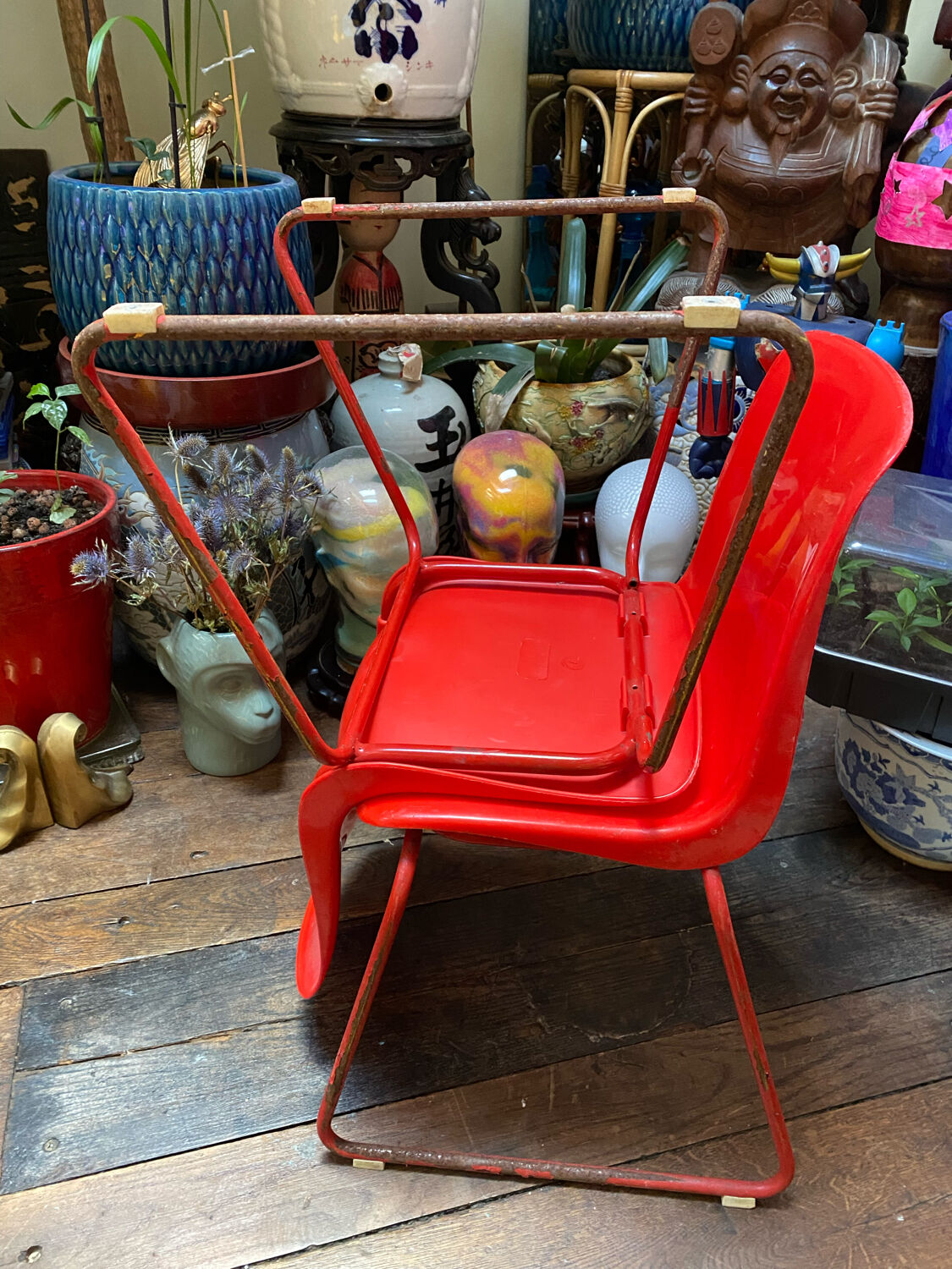 Duo of vintage Grofilex kindergarten children's chairs in red plastic