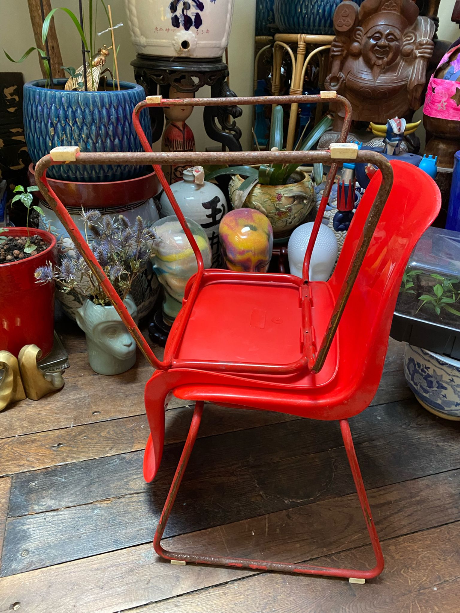 Duo of vintage Grofilex kindergarten children's chairs in red plastic