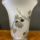 Vase Daum Nancy France - Oiseau Branché Réserve with acid enhanced with black enamel