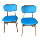 Set of 2 Mid-Century blue velvet and light wood chairs, 1960s.