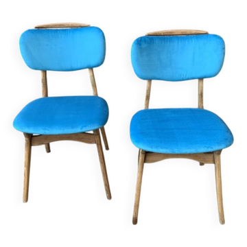 Set of 2 Mid-Century blue velvet and light wood chairs, 1960s.