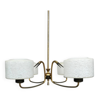 Mid-Century Atomic Brass and Glass Chandelier- four-armed ceiling Lamp- 50s