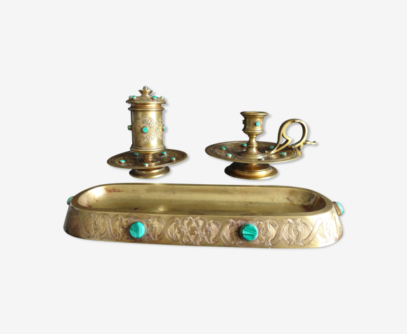 Accessoires de bureau Art nouveau bronze malachite bougeoir encrier XIXe