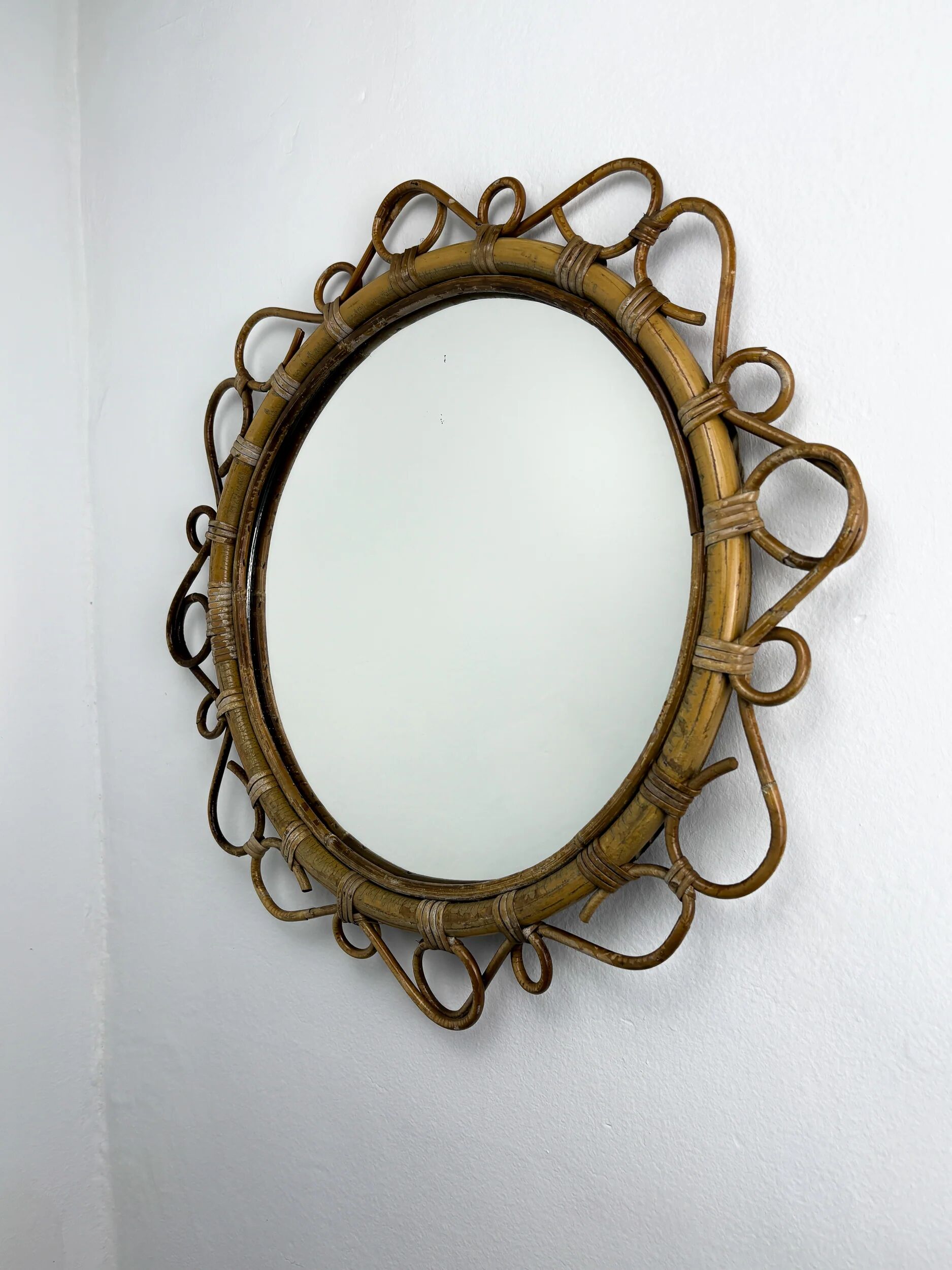 Spanish rattan bamboo oval mirror, 1960s