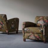 Modern Danish pair of curved lounge chairs, original fabric, Fritz Hansen, 1940.