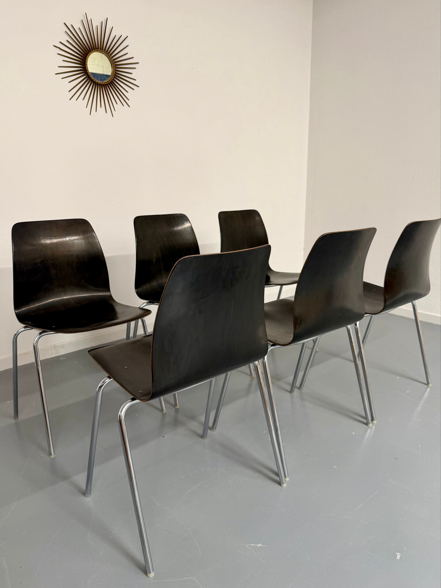 Set of 6 wooden and chrome chairs, Pagholz design from the 80s, vintage Pagwood.