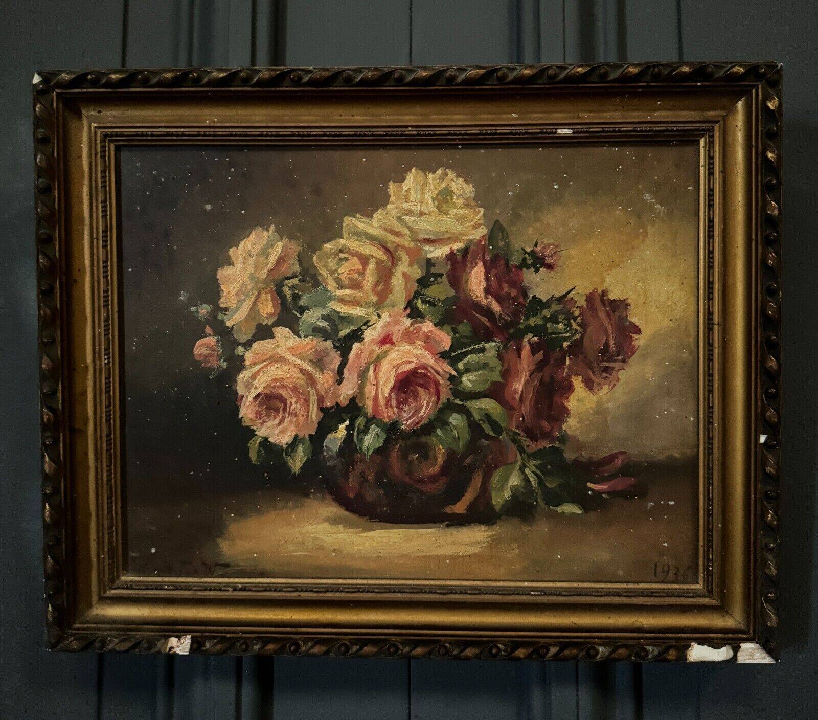 Oil on panel signed still life bouquet of roses 1936