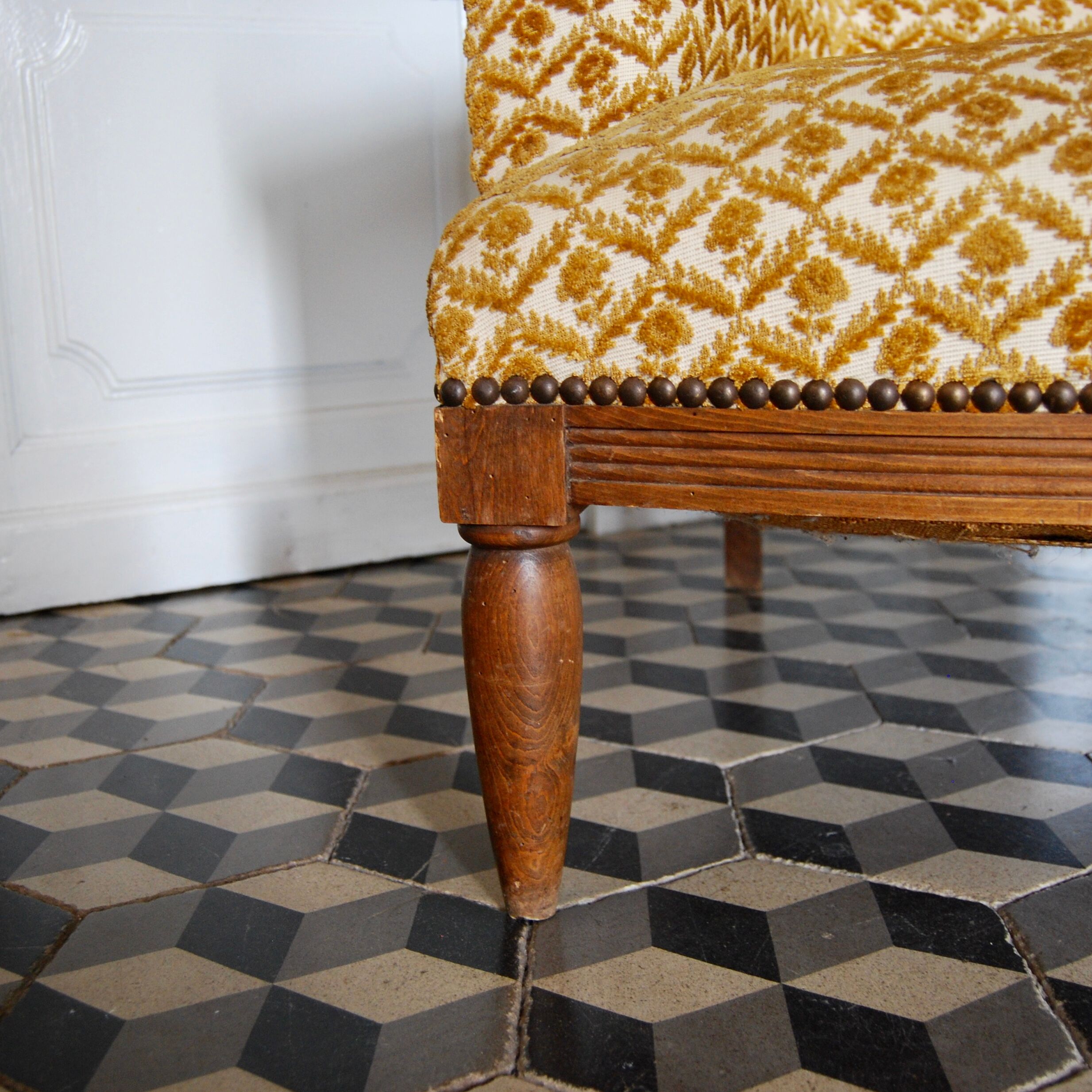 Armchair studded velvet damask vintage English