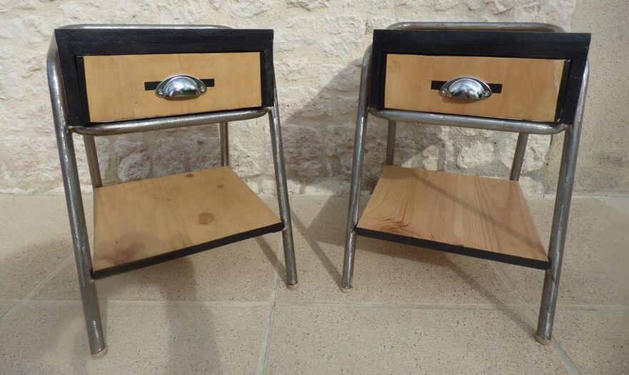 2 nightstands in wood and metal industrial style