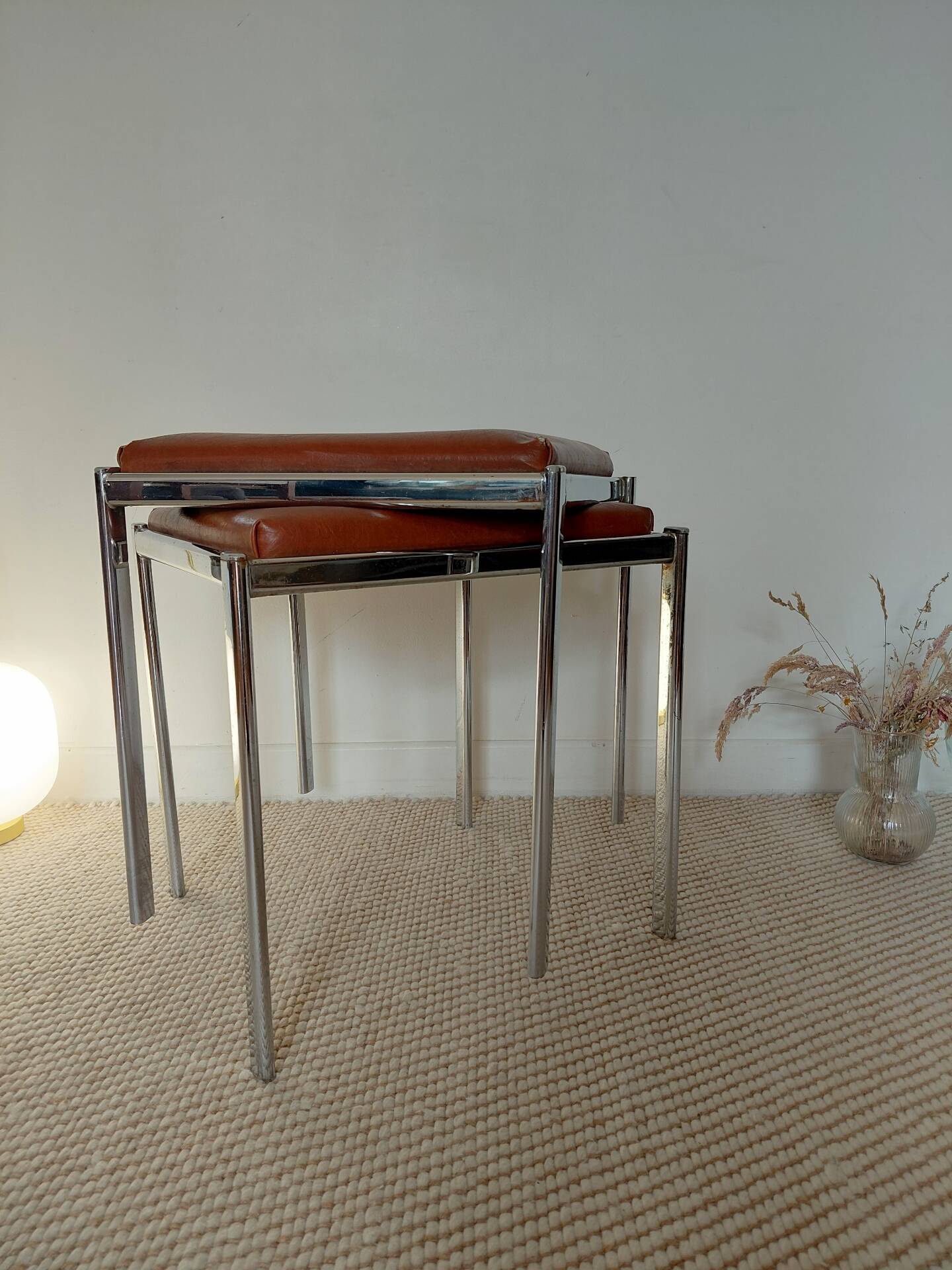 Pair of vintage stackable stools in faux leather and chrome - 70s