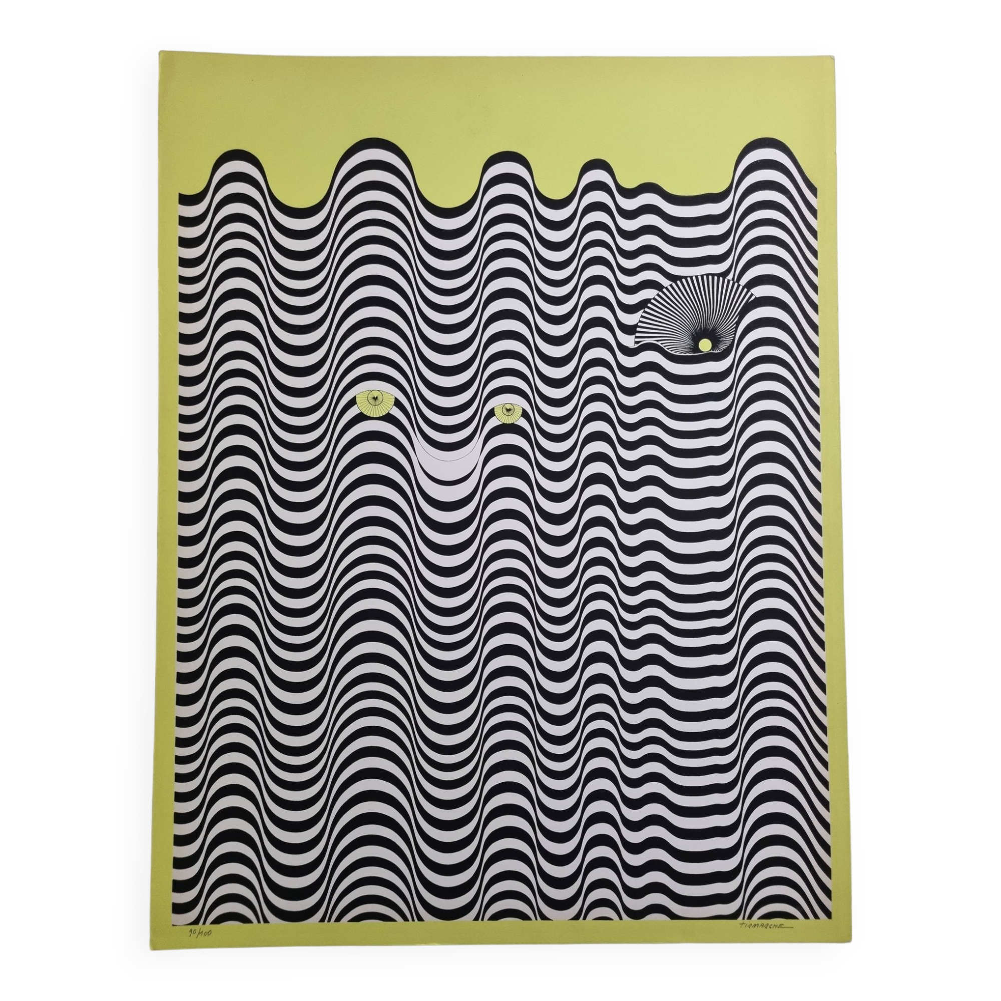 Screenprint signed after Maurice Tirmarche, Optical work of art "Op Art in yellow", 50 x 65 cm