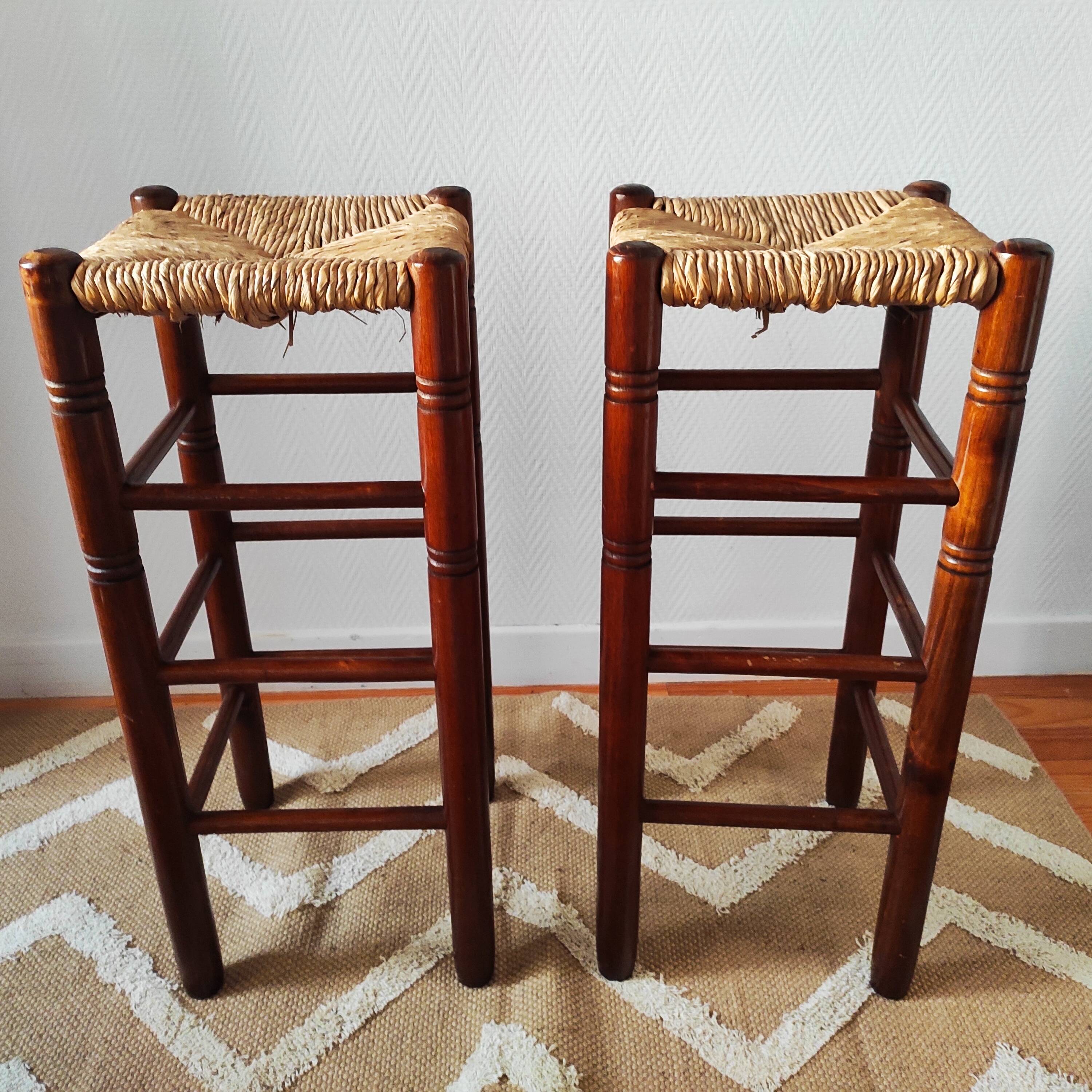 Pair of vintage brutalist stools made of wood and straw, France 1965.
