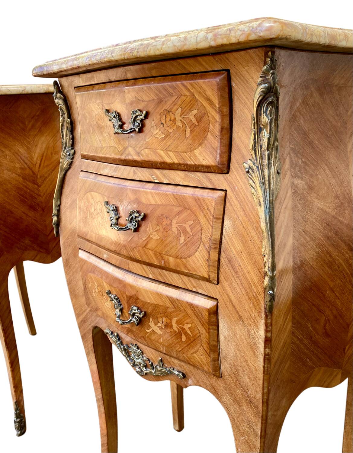 Pair of bedside tables in marquetry – veined marble top – Louis XV style