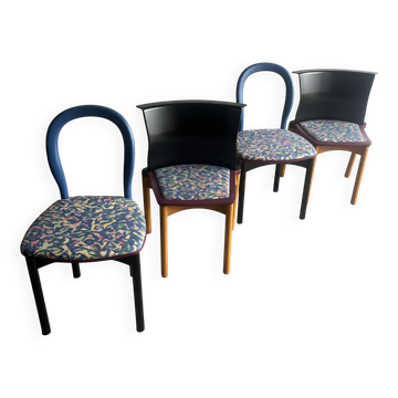 Set of 4 Memphis style chairs by Francesco Binfaré for Cassina, 1980s.