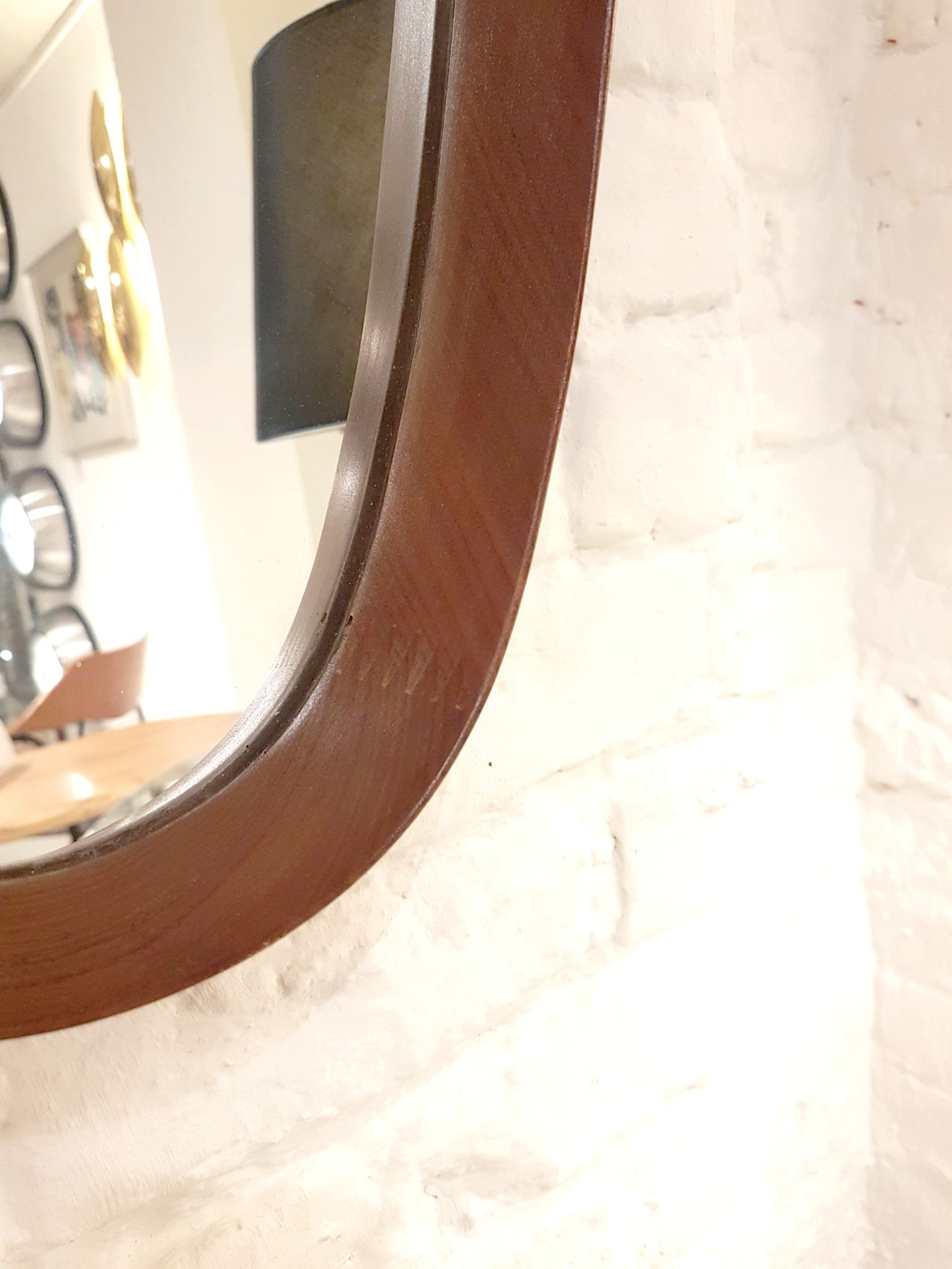 Oval hall mirror, wooden frame. Scandinavia 1960s 33x100cm