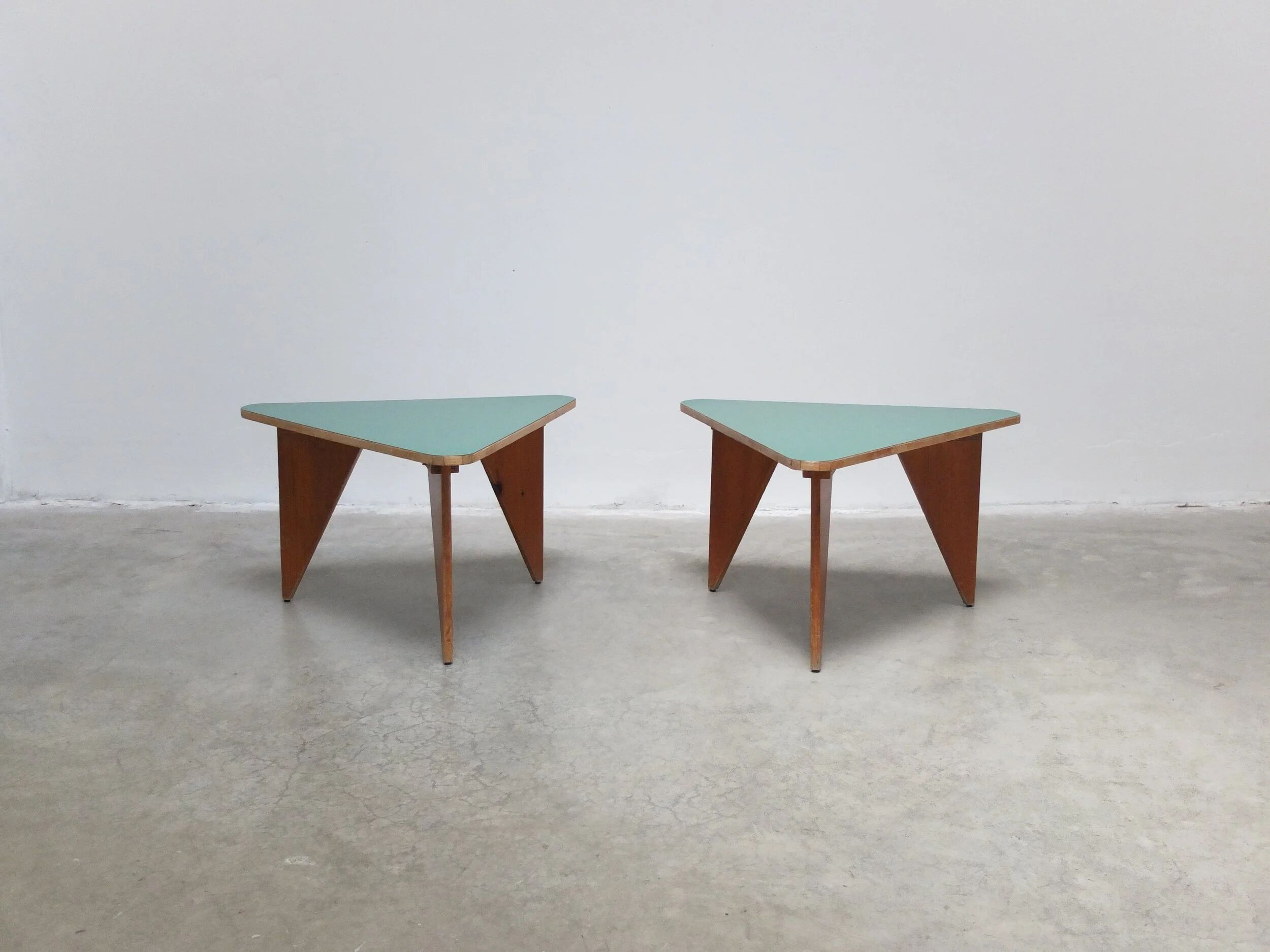 Unique pair of triangular coffee or side tables, 1960s