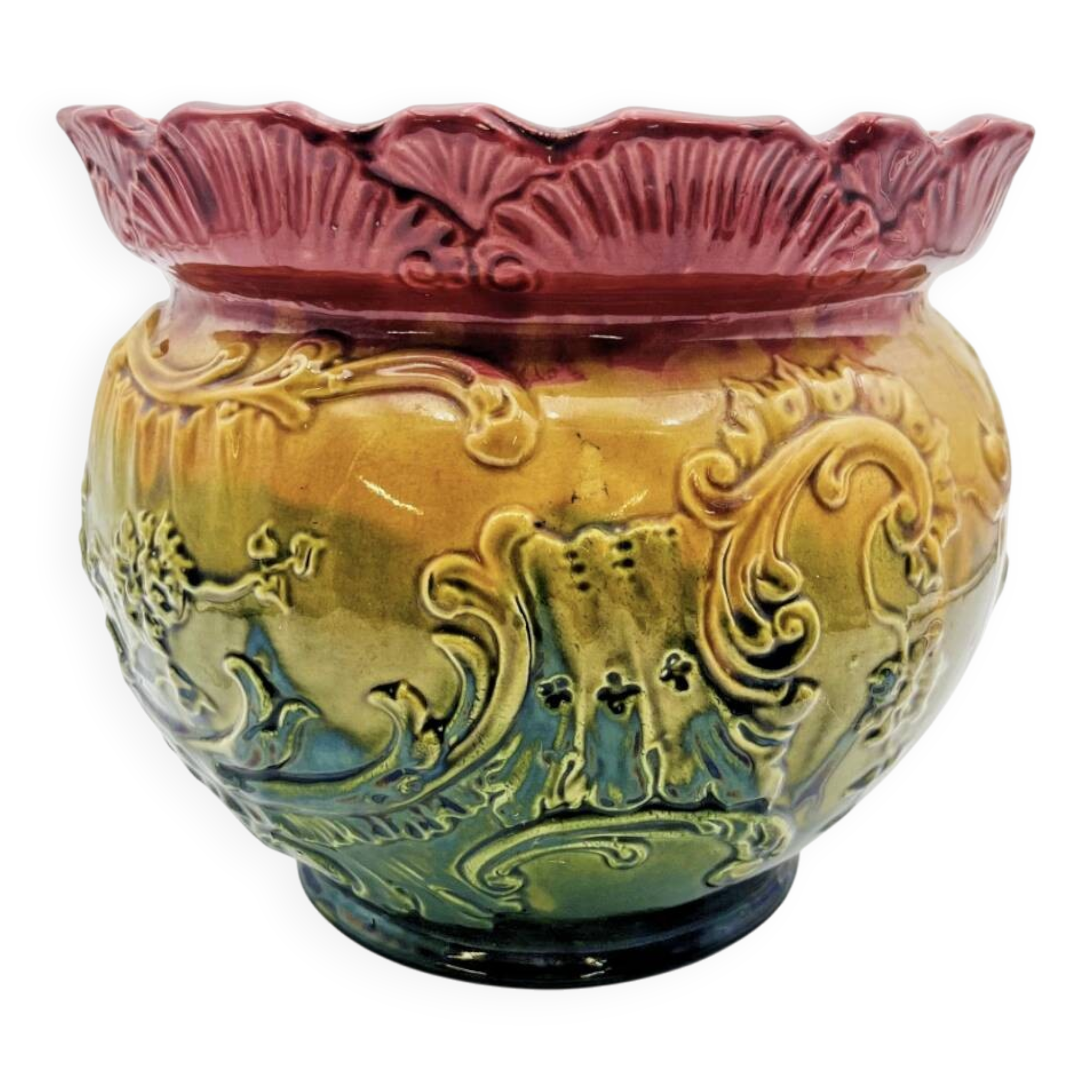 Antique multi-colored slip pot with relief decoration - 637019