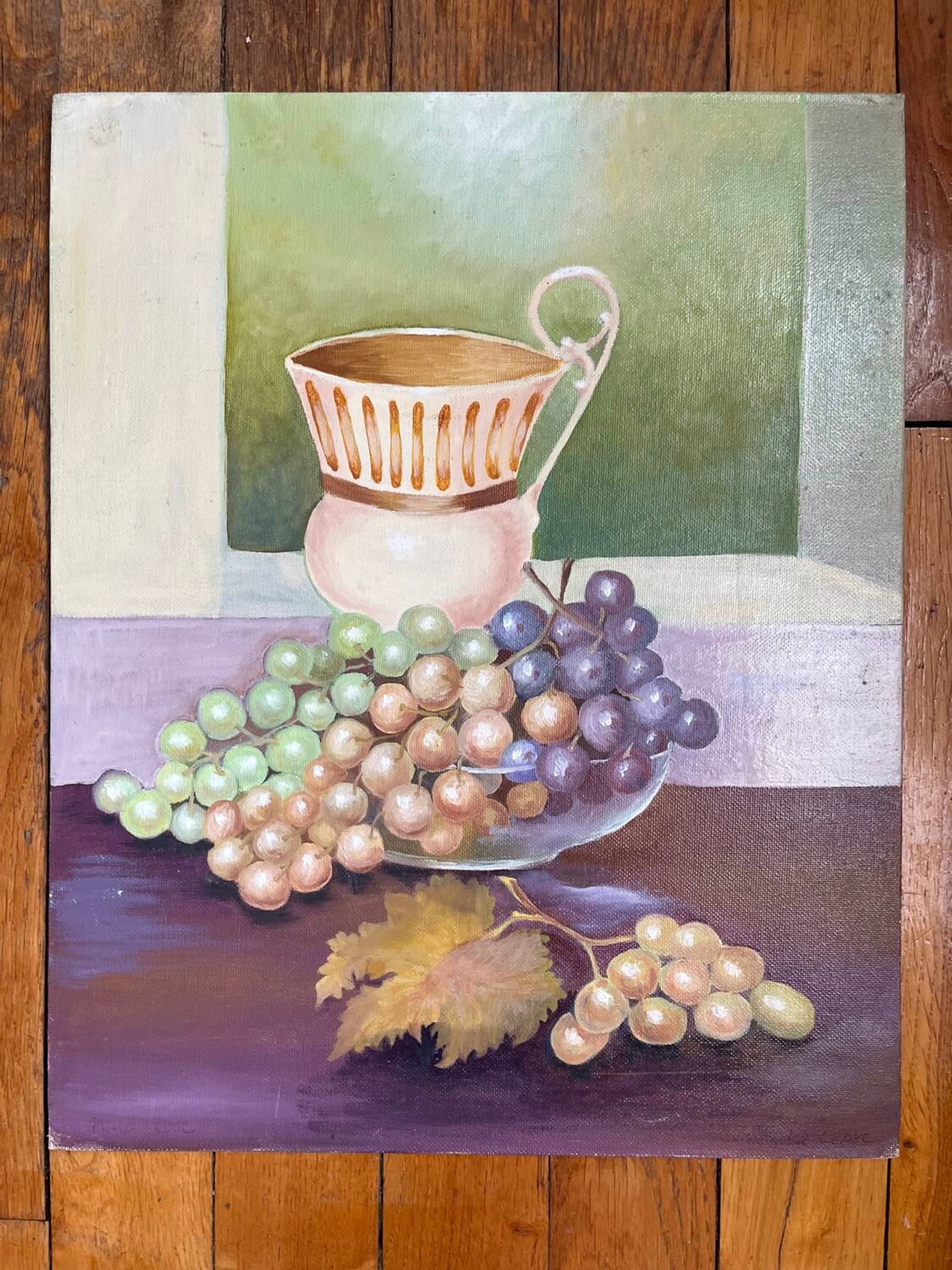 Tableau : nature morte au pichet et aux raisins
