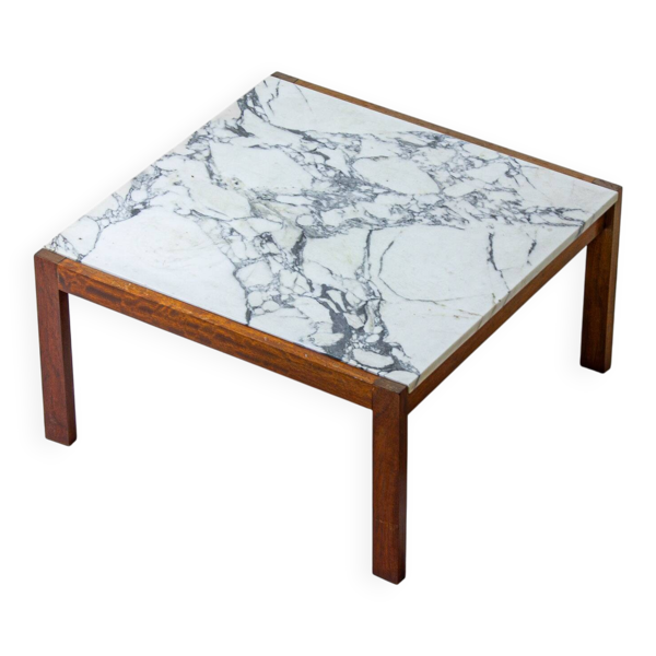 Table basse minimaliste en teck et marbre par Alfred Hendrickx, années 1960.