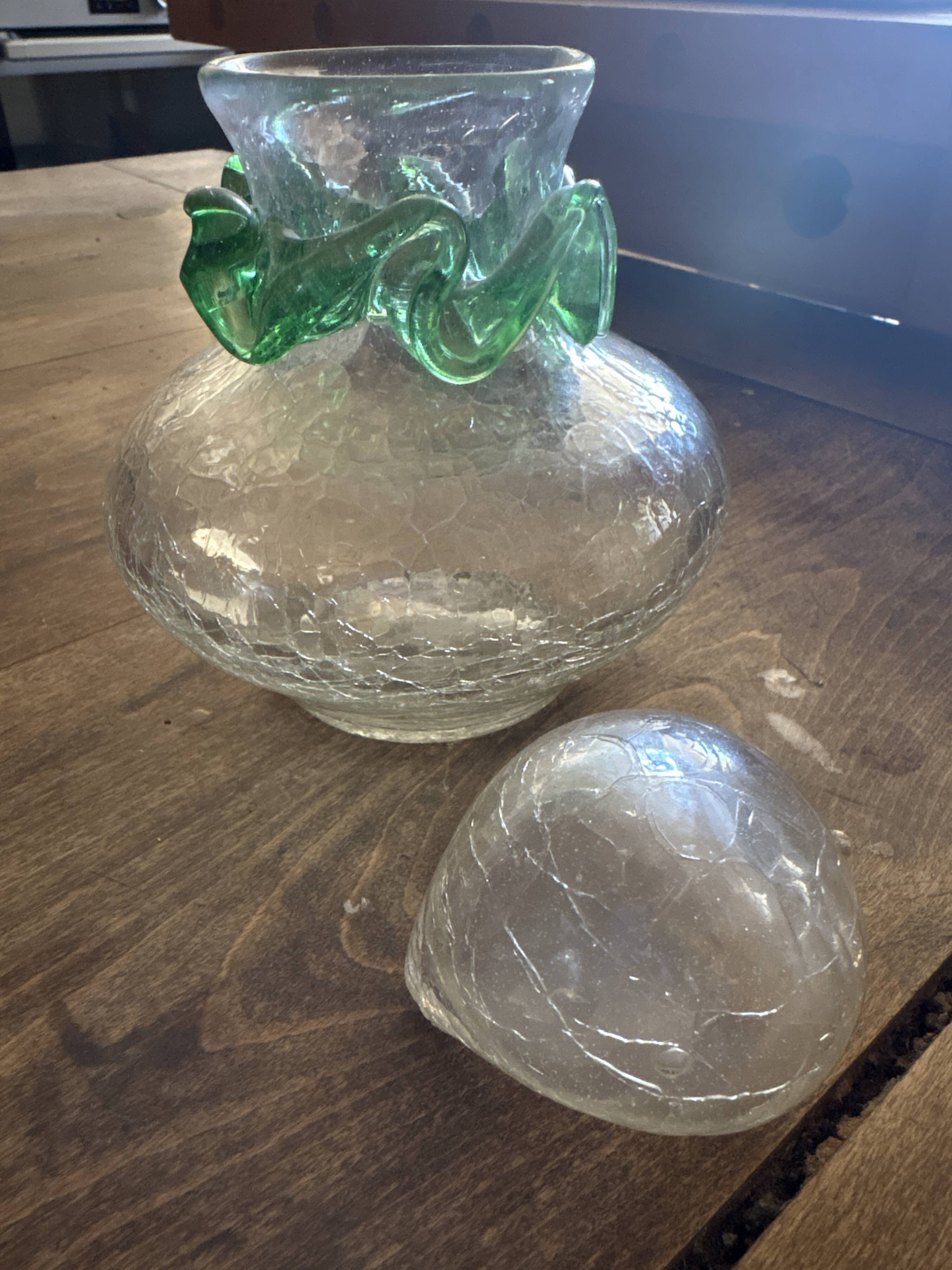 Vintage cracked glass carafe with green collar MCM – 1950s