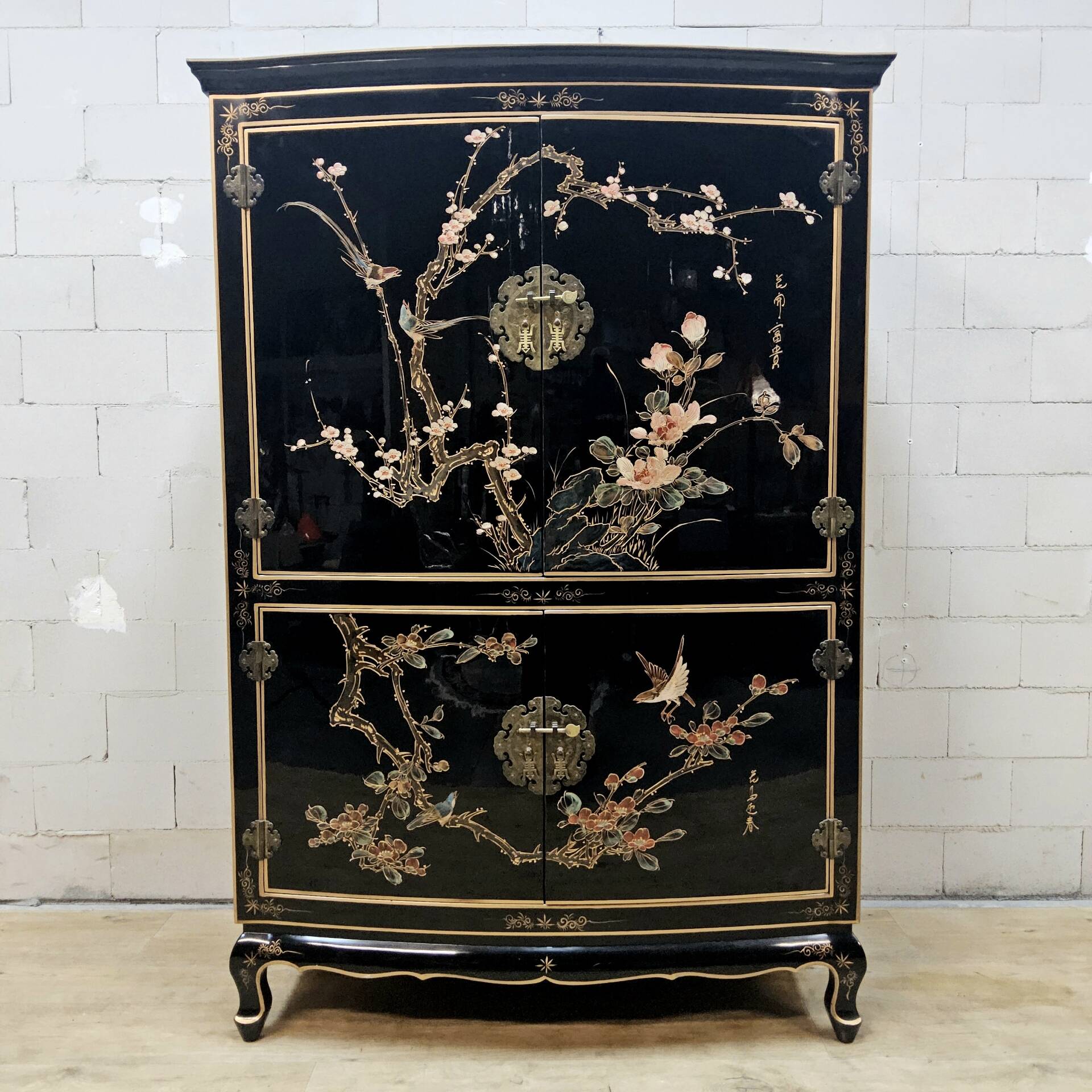 Vintage Chinese lacquer cabinet with black flowers and birds / bohemian