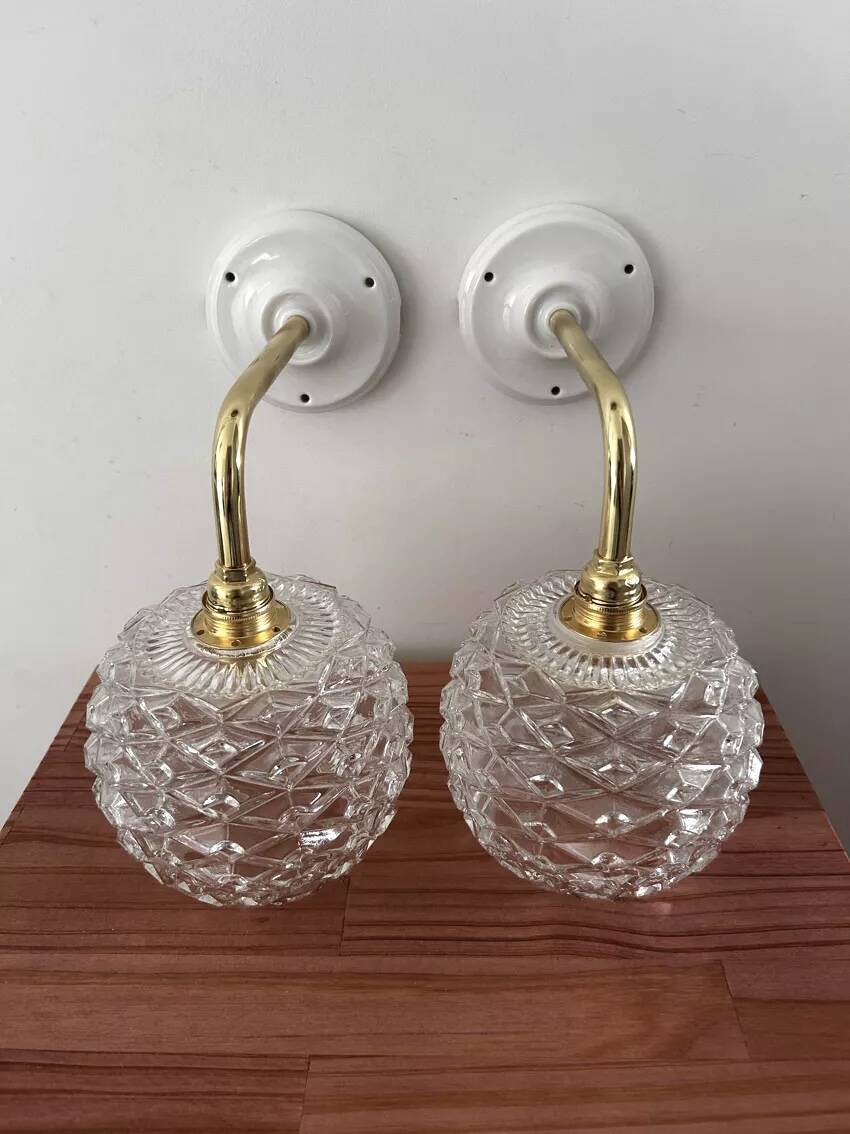 Pair of vintage pinecone chiseled glass wall sconces
