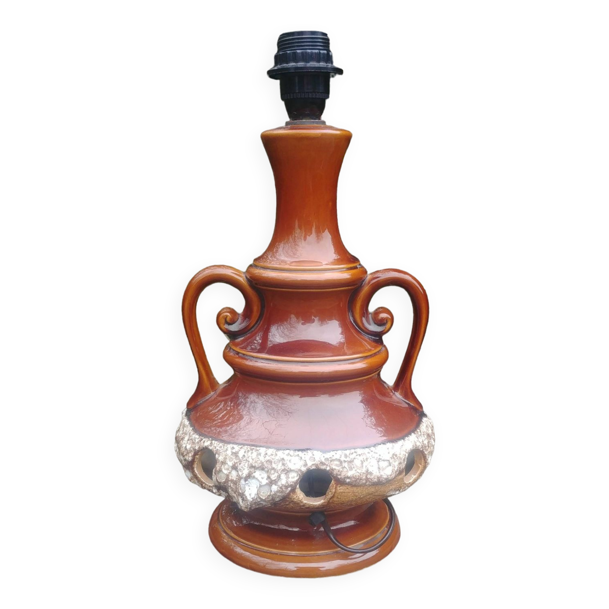 Vintage glazed ceramic lamp base from the 60s/70s with double lighting of medium size.