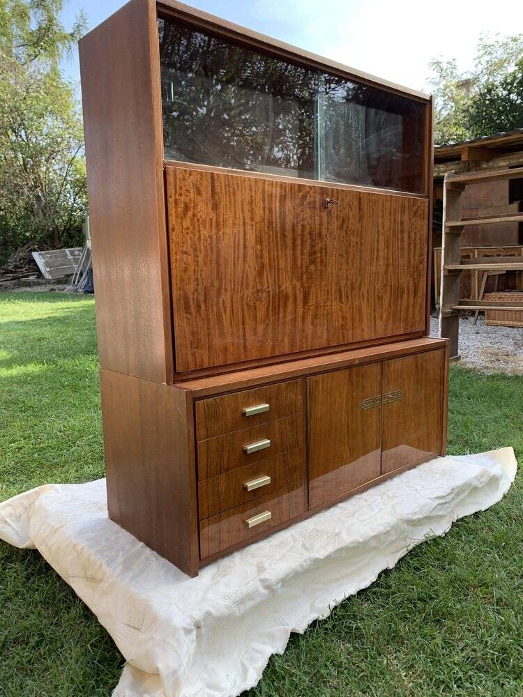 Armoire Mid-Century 1960s en bois marron avec vitrine, abattant et tiroirs