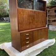 Mid-Century 1960s brown wooden wardrobe with display cabinet, drop-down front and drawers.