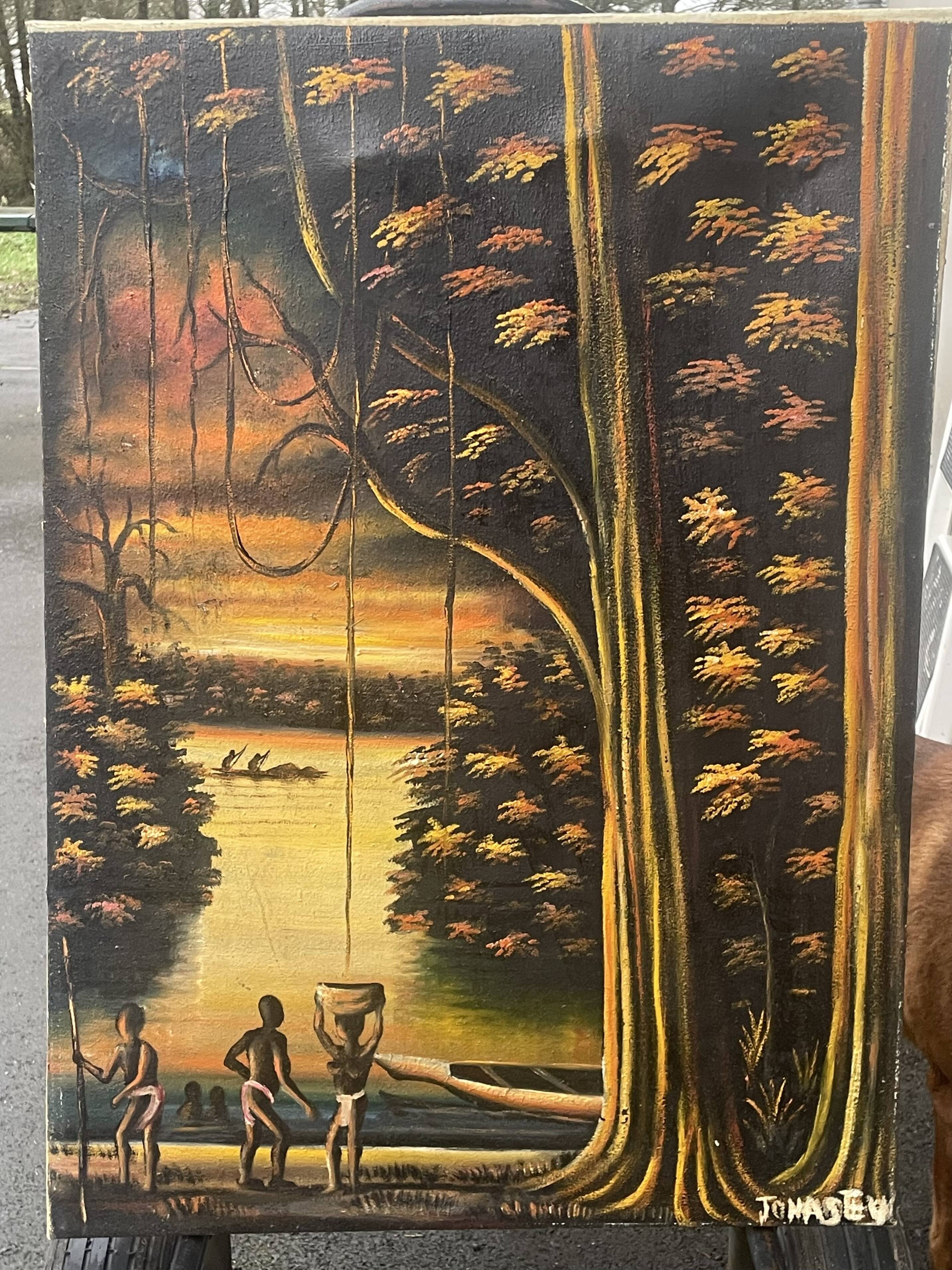 Old african canvas under lively woods in tropical and lush forest signed to identify
