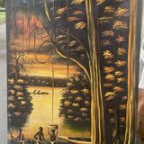 Old african canvas under lively woods in tropical and lush forest signed to identify