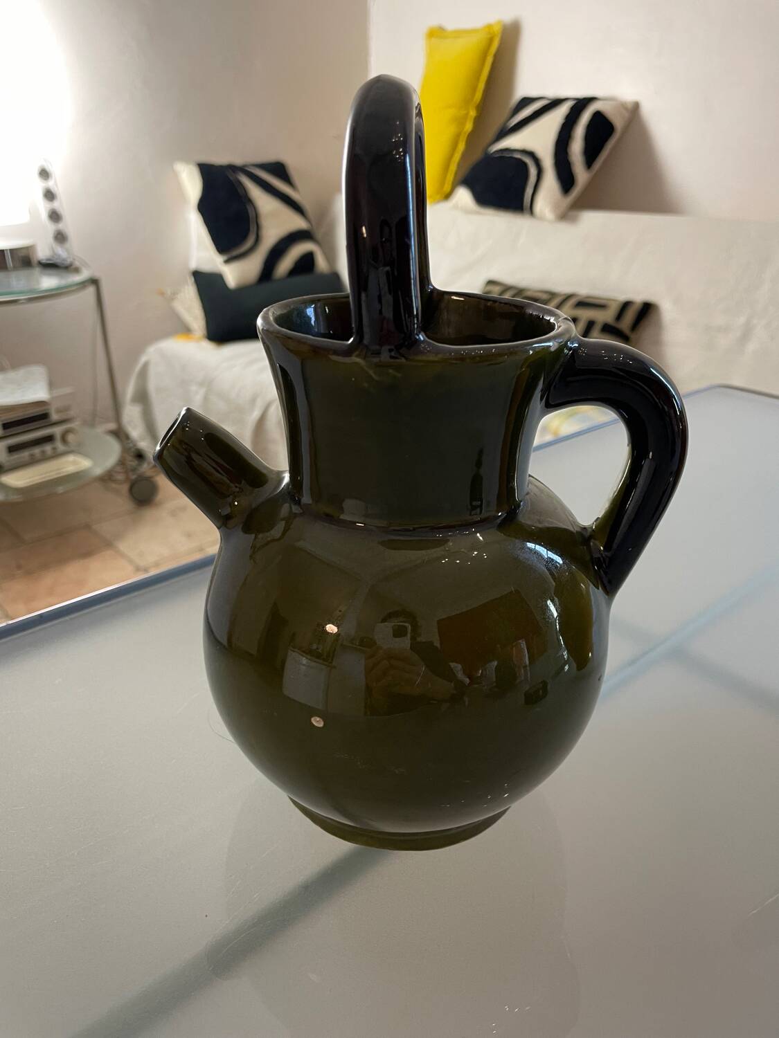 Pitcher in Provence khaki varnished clay signature Camares