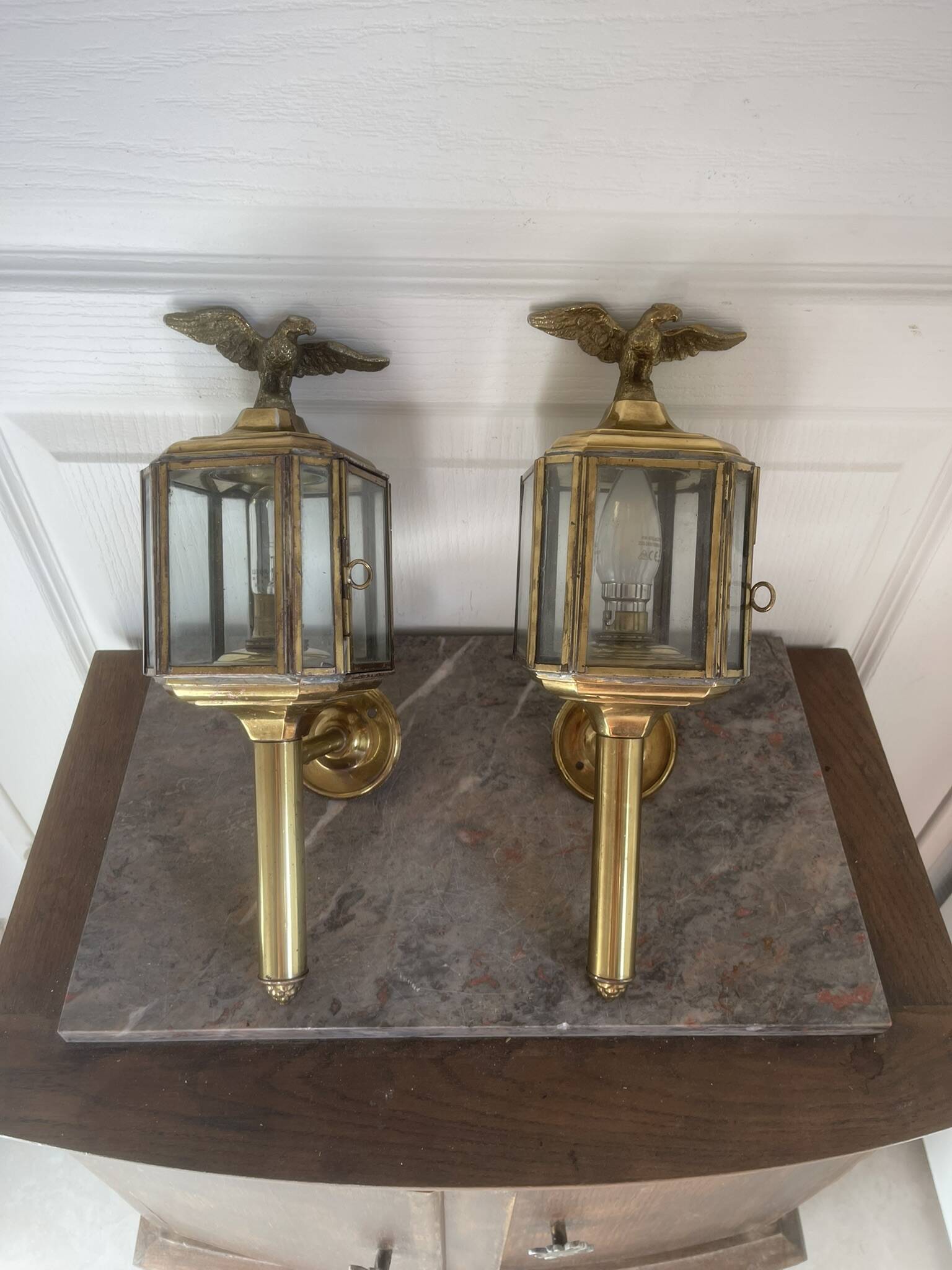Old Pair of Gilded Brass Wall Lights in Carriage Lantern Eagle Empire Style