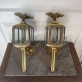 Old Pair of Gilded Brass Wall Lights in Carriage Lantern Eagle Empire Style