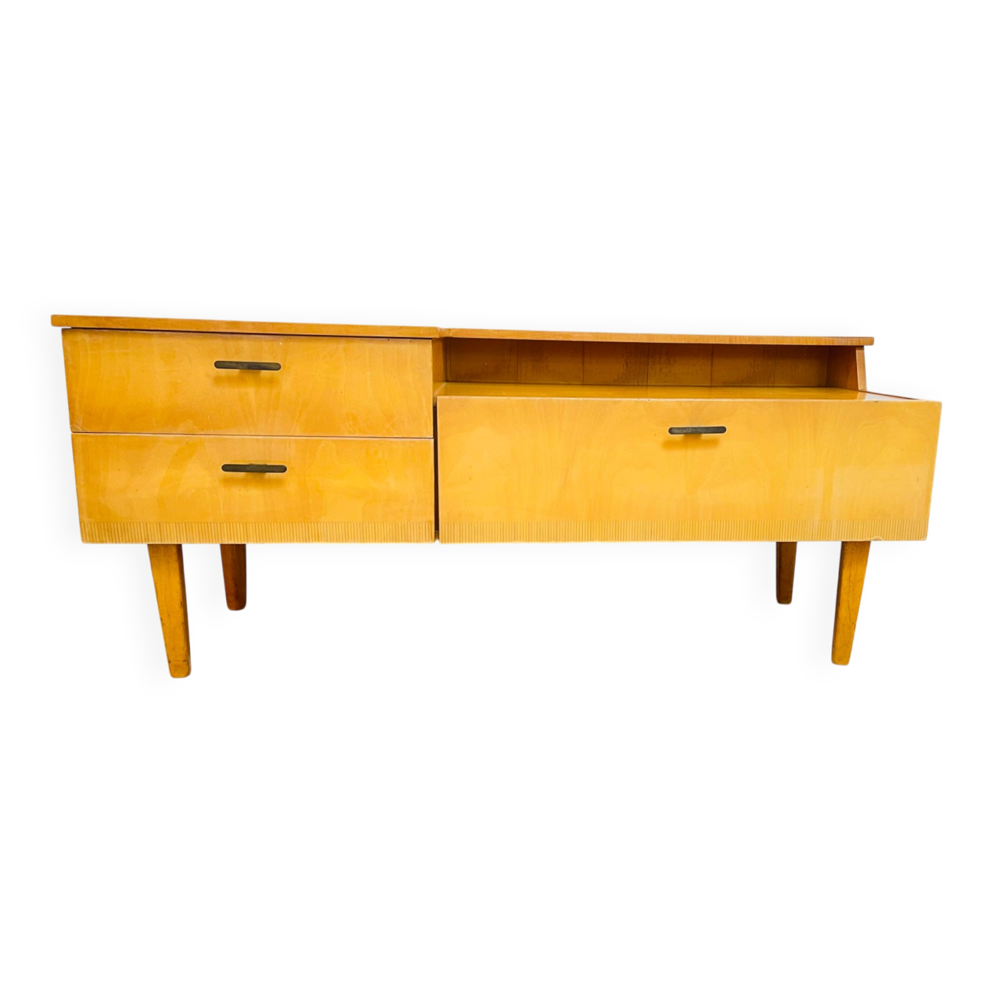 Coiffeuse basse vintage en bois blond – meuble moderniste années 50/60