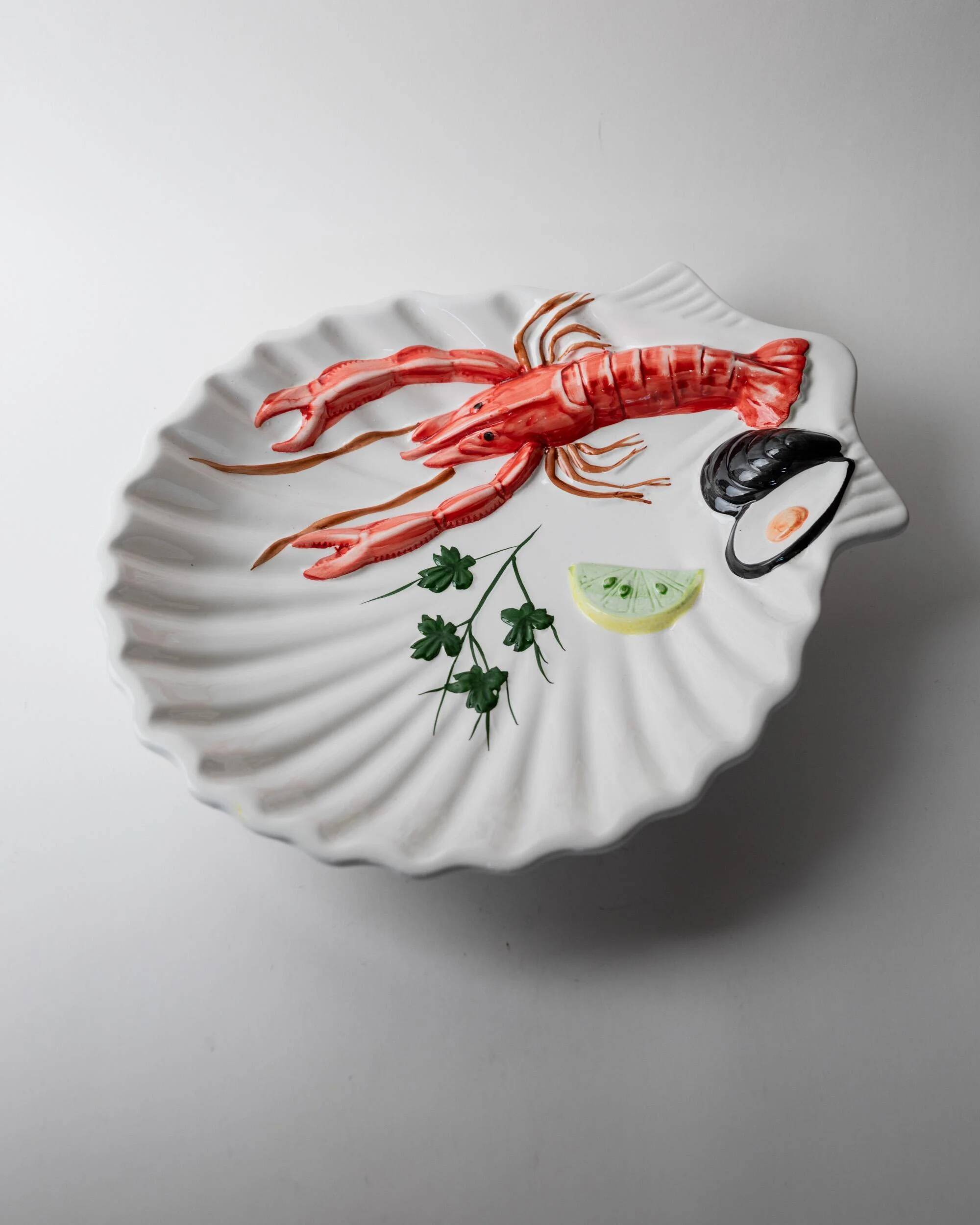 Vintage ceramic serving dish from the 1980s, hand-painted lobster design.