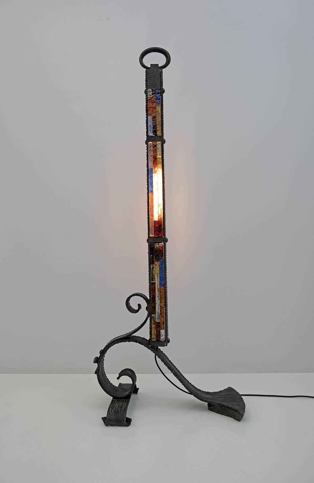 Poliarte Brutalist Italian Wrought Iron and Color Raw Glass Floor Lamp, 60