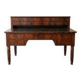 Antique wooden tiered desk with drawers and twisted legs.