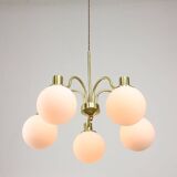 Italian Mid century Modern Chandelier in Brass and Opaline Glass, 1960s