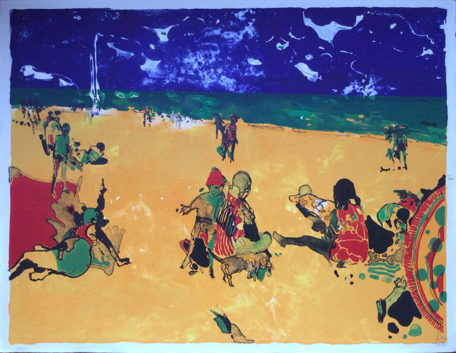 Signed lithograph. the beach with a blue sky. philippe cara costea