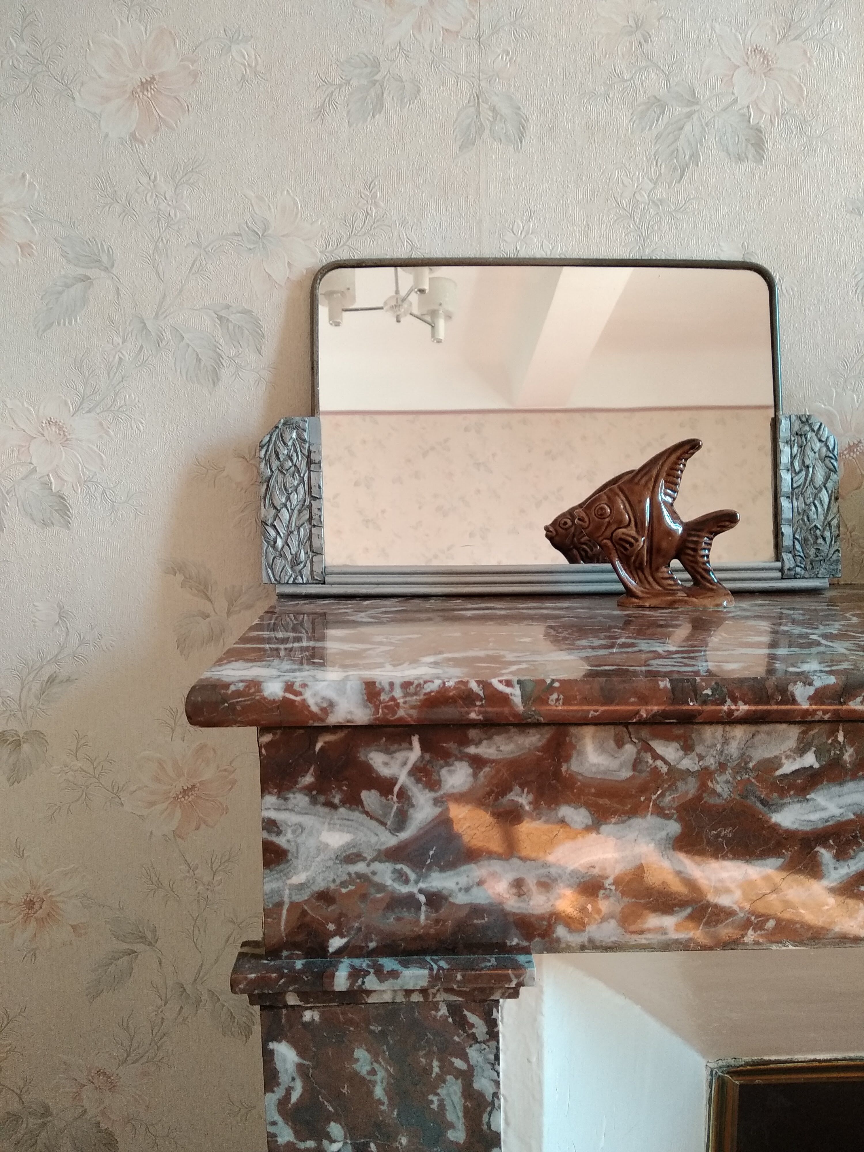 Miroir art déco bois et métal argenté 44x26cm