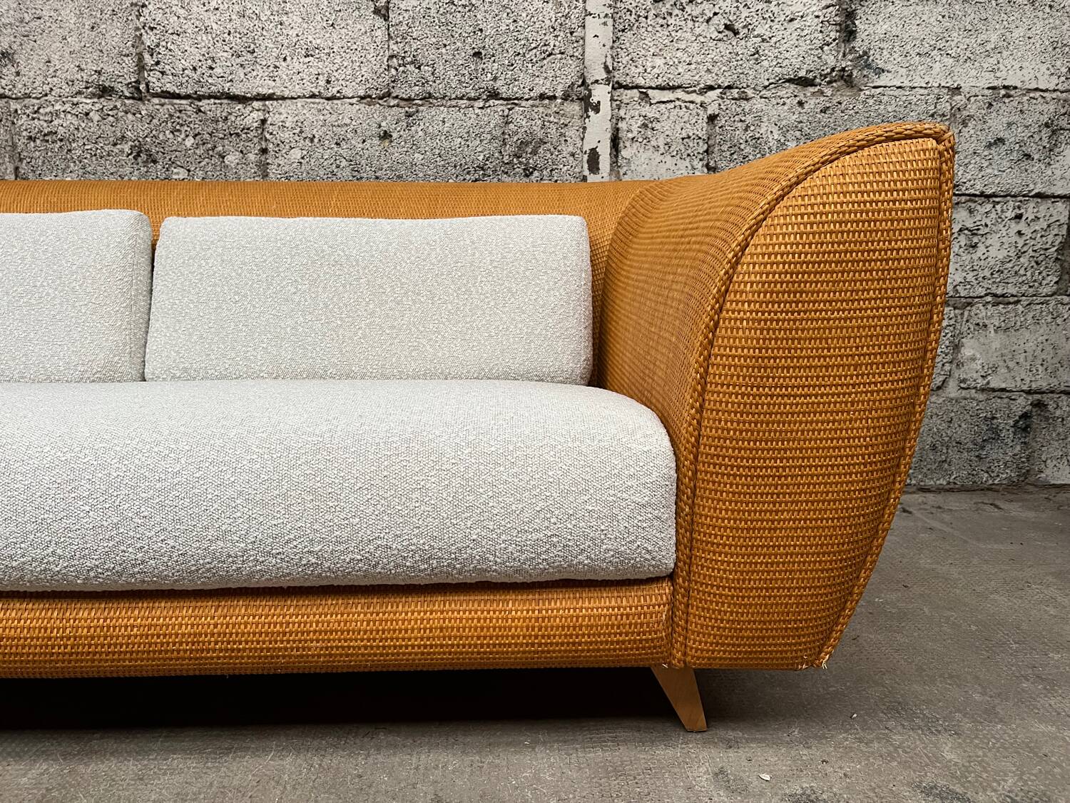 Vintage rattan sofa design 1970 ecru French terry fabric