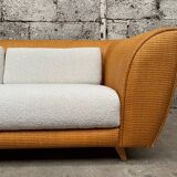 Vintage rattan sofa design 1970 ecru French terry fabric